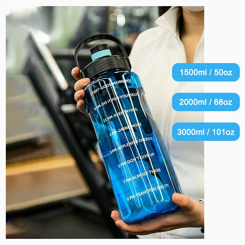 LUSQI 1.5L/2L/3L Sports Water Bottle Large Capacity Plastic Cup Leak-Proof with Straw and Time Marker for Home Outdoor Sports
