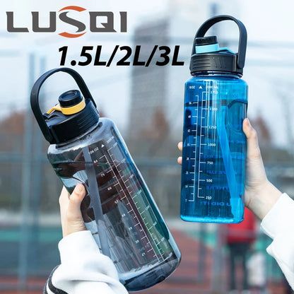 LUSQI 1.5L/2L/3L Sports Water Bottle Large Capacity Plastic Cup Leak-Proof with Straw and Time Marker for Home Outdoor Sports