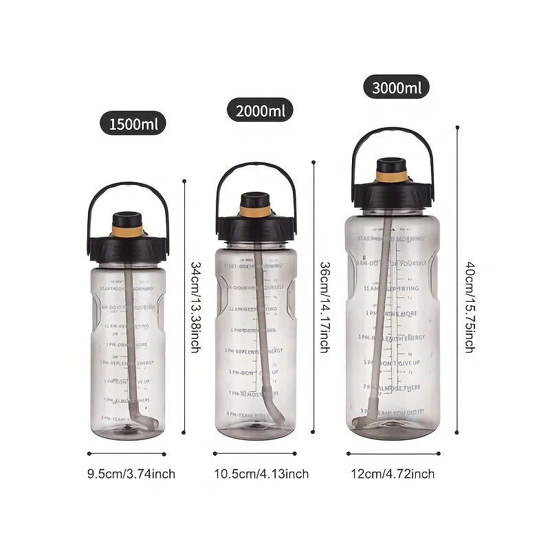 LUSQI 1.5L/2L/3L Sports Water Bottle Large Capacity Plastic Cup Leak-Proof with Straw and Time Marker for Home Outdoor Sports